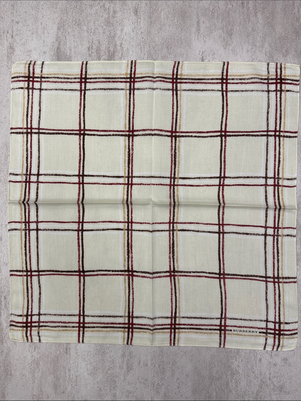Burberry Cream Plaid Pocket Square with Red and Brown Stripes